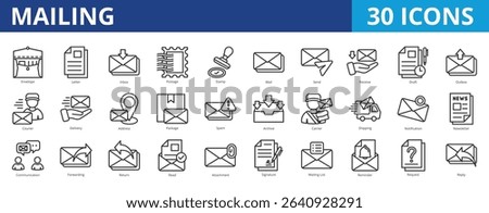 Mailing icon pack collection set with letter, send, receive, delivery, address, , business, information, package, archive, shipping, notification, communication, discussion, document, administration