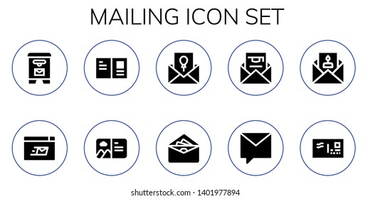 mailing icon set. 10 filled mailing icons.  Collection Of - Mail box, Mailing, Postcard, Invitation, Envelope, Private message