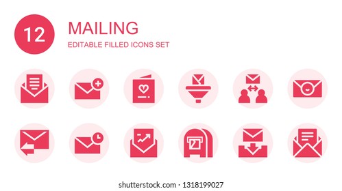 mailing icon set. Collection of 12 filled mailing icons included Email, Invitation, Envelope, Mail box