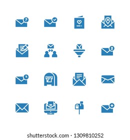 mailing icon set. Collection of 16 filled mailing icons included Email, Letterbox, Mail box, Invitation