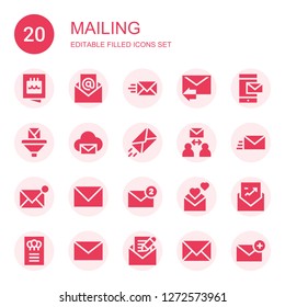 mailing icon set. Collection of 20 filled mailing icons included Invitation, Email, Envelope
