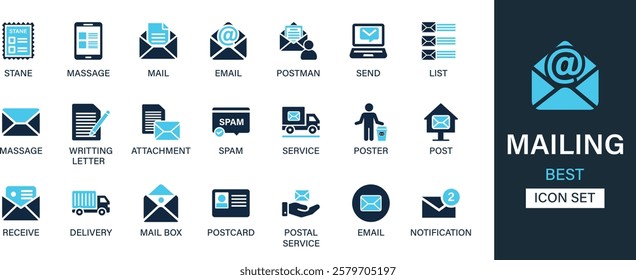 Mailing icon set collection. Stene, massage, mail, email, postman, send, list, writing letter, attachment, spam, service, post and best solid icon set.