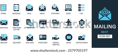 Mailing icon set collection. Stene, massage, mail, email, postman, send, list, writing letter, attachment, spam, service, post and best solid icon set.
