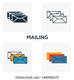 Mailing icon set. Four elements in diferent styles from advertising icons collection. Creative mailing icons filled, outline, colored and flat symbols.
