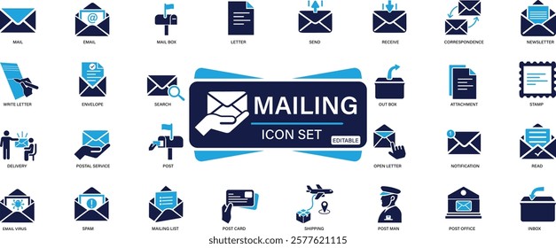 Mailing icon set mail, email, mailbox, letter, send, receive, post office You can easily change the color.