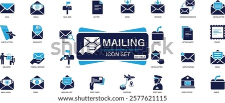 Mailing icon set mail, email, mailbox, letter, send, receive, post office You can easily change the color.