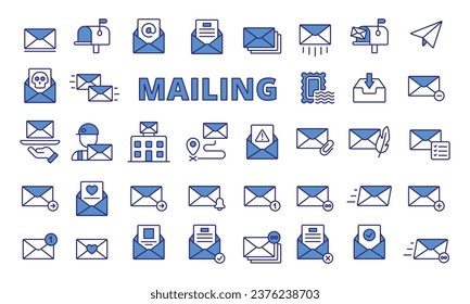 Mailing icons in line design blue. Envelope, mail, business, email, letter, address, send, receive, inbox, outbox, tracking icons isolated on white background vector.