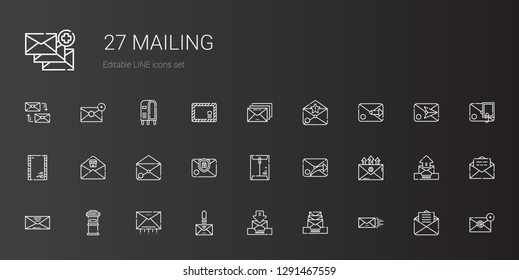 mailing icons set. Collection of mailing with email, letterbox, envelope. Editable and scalable mailing icons.