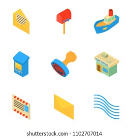 Mailing icons set. Isometric set of 9 mailing vector icons for web isolated on white background