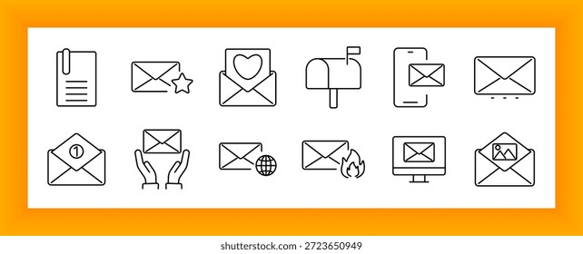 Icono de conjunto de correo y bandeja de entrada. Sobre, favorito, corazón, bandeja de entrada, móvil, llama, monitor, carta de Imagen, icono de globo dispuesto en un diseño de comunicación limpio.