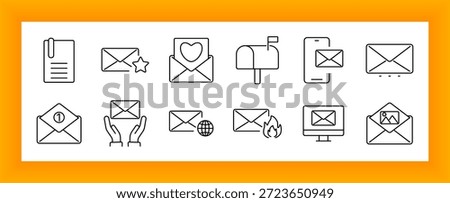 Mailing and inbox set icon. Envelope, favorite, heart, inbox, mobile, flame, monitor, image letter, globe icon arranged in clean communication layout.