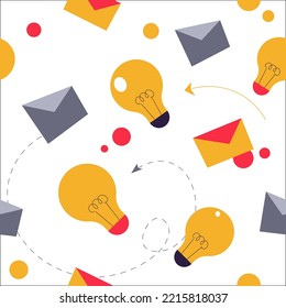 Mailing letter and email, light bulb symbol of creativity. Innovative ideas and new principles, communication via internet. Seamless pattern or background, print or wallpaper. Vector in flat style