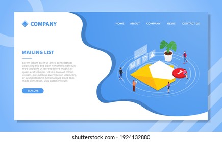 concepto de lista de correo para plantilla de sitio web o diseño de página de inicio de aterrizaje con estilo isométrico