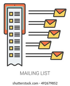 Mailing list infographic metaphor with line icons. Project mailing list concept for website and infographics. Vector line art icon isolated on white background.