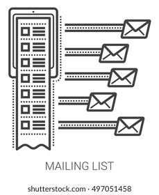 Mailing list infographic metaphor with line icons. Project mailing list concept for website and infographics. Vector line art icon isolated on white background.