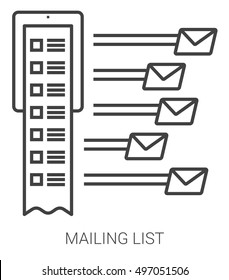 Mailing list infographic metaphor with line icons. Project mailing list concept for website and infographics. Vector line art icon isolated on white background.