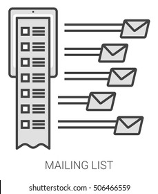 Mailing list infographic metaphor with line icons. Project mailing list concept for website and infographics. Vector line art icon isolated on white background.