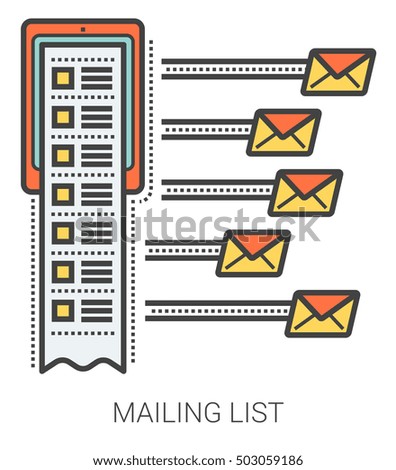 Mailing list infographic metaphor with line icons. Project mailing list concept for website and infographics. Vector line art icon isolated on white background.