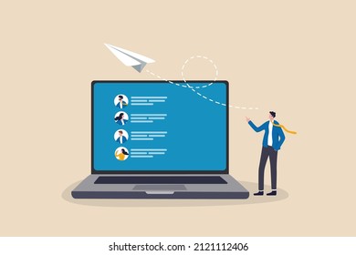 Mailing List To Send Email Campaign, Subscription Email Management Software, Sending Promotion Or Communicate Marketing Message Concept, Businessman With Mailing List Computer Laptop Sending Email.