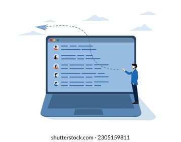 Mailing list to send email campaign, send promotion or communicate marketing message concept, email subscription management software, businessman with laptop computer send mailing list.
