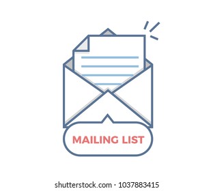 Mailing List vector icon. Opened envelope with paper coming out