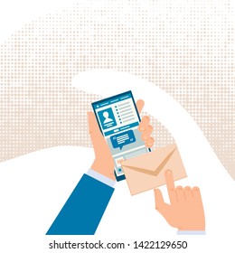 Mailing and Messaging in Social Network with Cellphone Application Flat Vector Concept. Businessman Sending E-Mail, Reading Message on Smartphone Illustration. Virtual Office Mobile App, Distant Work