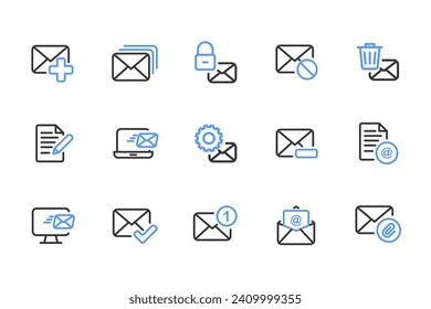 Mailing outline icon set black and blue. Containing mail, email, mailbox, letter, send, receive, post office and envelope icons. Outline icon collection. Vector illustration.