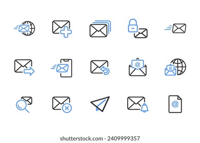 Mailing outline icon set black and blue. Containing mail, email, mailbox, letter, send, receive, post office and envelope icons. Outline icon collection. Vector illustration.