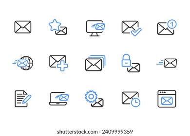 Mailing outline icon set black and blue. Containing mail, email, mailbox, letter, send, receive, post office and envelope icons. Outline icon collection. Vector illustration.