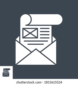 Icono De Glifo Vector Relacionado Por Correo Electrónico. Aislado en fondo negro. Ilustración vectorial.