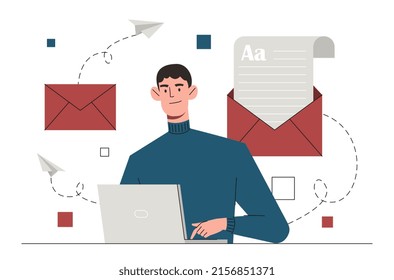 Mailing Service Konzept. Junge lächelnde Mann, die auf Laptop arbeiten, versenden zielgerichtete E-Mails in Briefumschlägen. Online-Marketing in sozialen Netzen oder Internet. Nachrichten oder Spam. Cartoon-Flavektor-Vektorgrafik