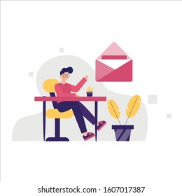 Mailing services. Contact us concept. Costumer support vector illustration.  Office workers sitting desks. Working concept illustration. Poster for social media, web page, banner, presentation stock.