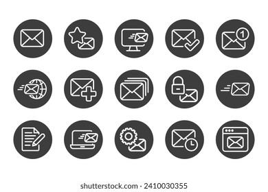 Mailing solid icon set black and white. Containing mail, email, mailbox, letter, send, receive, post office and envelope icons. Solid icon collection. Vector illustration.