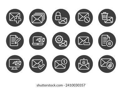 Mailing solid icon set black and white. Containing mail, email, mailbox, letter, send, receive, post office and envelope icons. Solid icon collection. Vector illustration.