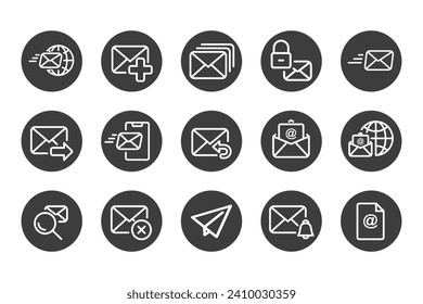 Mailing solid icon set black and white. Containing mail, email, mailbox, letter, send, receive, post office and envelope icons. Solid icon collection. Vector illustration.