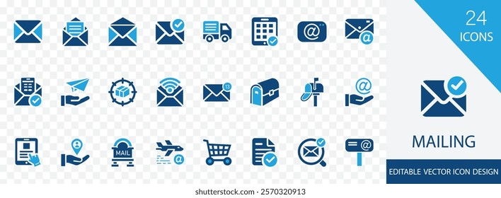 Mailing solid icon set. containing customer, good,  mailbox, letter, post,   receive, inbox, postcard and more vector design