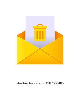 Mailing spam 3d email yellow envelope with attached file with trashcan symbol vector illustration