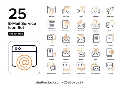 Mailing System and Communication. Post Office, Delivery, and Digital Mail Symbols. Vector Illustration. Oultine duo tone icon set