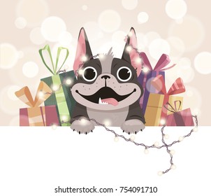 Mailing template for the new year. A cheerful French bulldog with gifts and a herring. Boke in the background