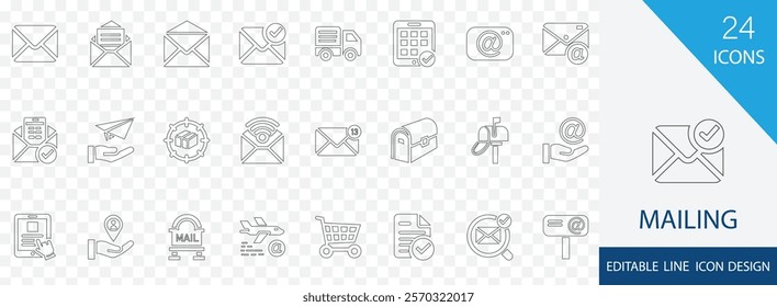 Mailing thin line icon set. containing customer, good,  mailbox, letter, post,   receive, inbox, postcard and more  stroke design