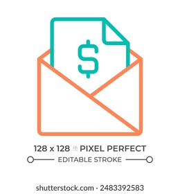 Mailing two color line icon. Letter and dollar sign bicolor outline symbol. Business correspondence. Direct mail campaign. Duotone linear pictogram. Isolated illustration. Editable stroke
