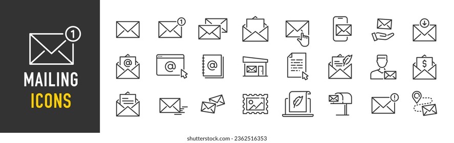 Mailing web icons in line style. Email, text, post office, mail, mailbox, collection. Vector illustration.