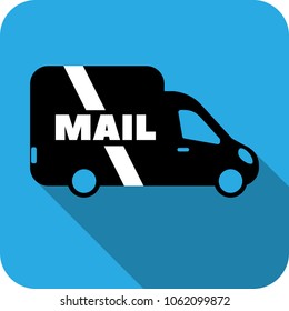 Maill bus vector flat icon for apps and websites. Black Bus on blue background. Postcard, package and mail service