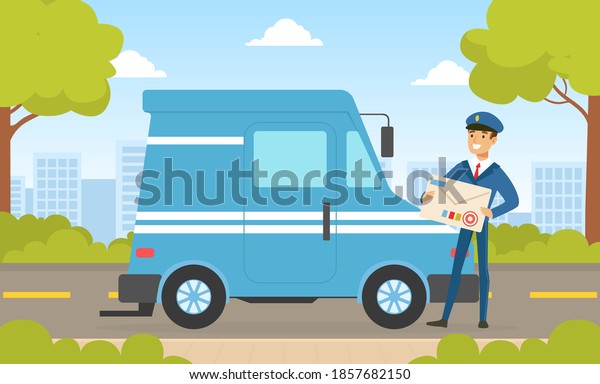 Mailman in Blue\
Uniform Delivering Mails to Customers by Van Car, Delivery Service\
Concept Vector\
Illustration