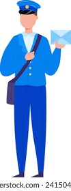 Mailman in blue uniform holding an envelope ready to deliver. Postal worker with a shoulder bag during duty. Mail delivery service and postal job vector illustration.