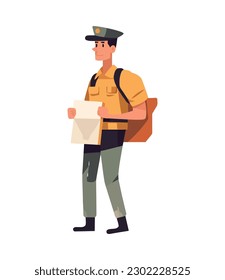 Mailman carrying bag, wearing uniform icon isolated