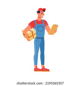 Mailman entrega la casilla de correo en la dirección, marca la firma en las manos. Llevar a cabo la ocupación de un empleo, entregar rápidamente a la puerta de casa. Ilustración de dibujos animados planos vectoriales
