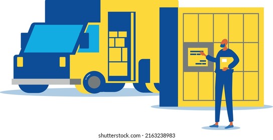 The mailman goes to send or pick up the box. A delivery car with boxes inside.