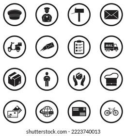 Mailman Icons. Black Flat Design In Circle. Vector Illustration.