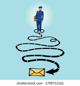 A mailman on his delivery route for the concept of postal services. Vector illustration.